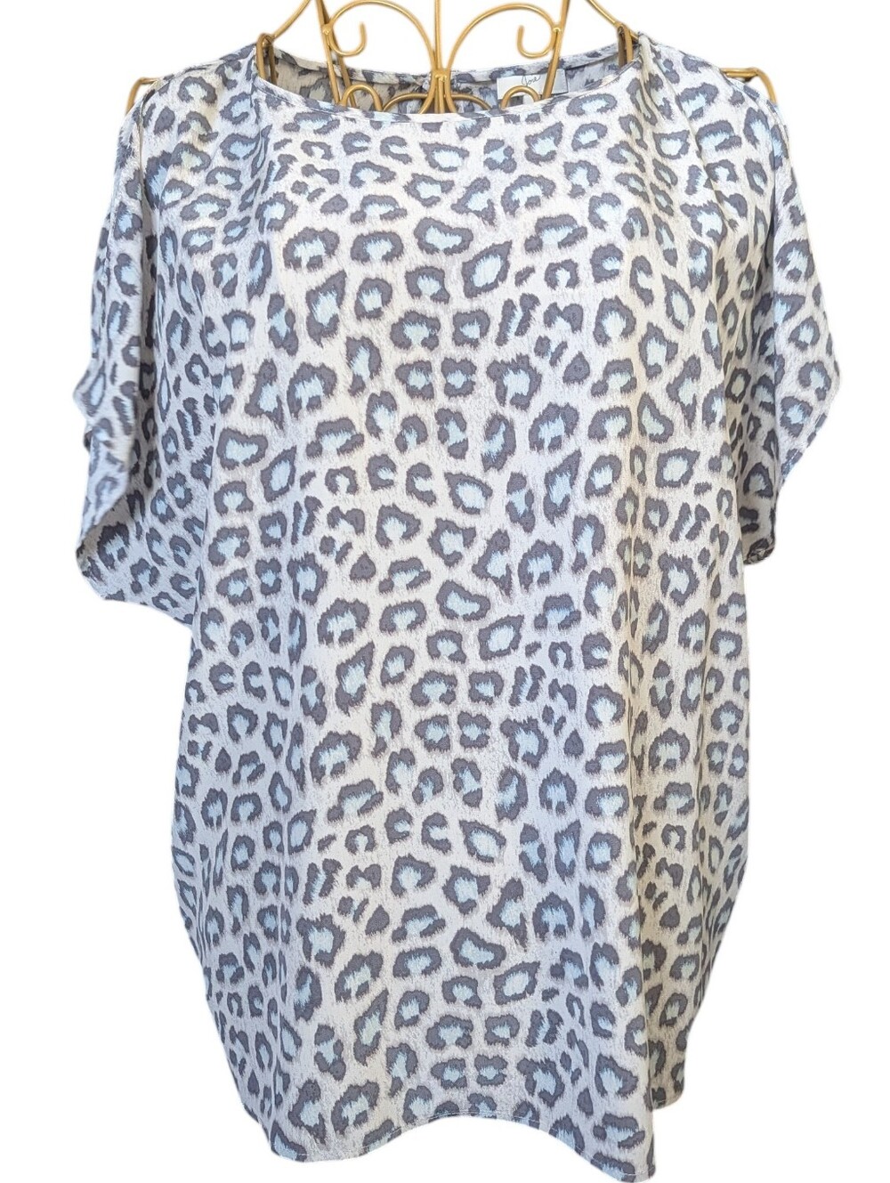 Joie 100% Silk Grey Leopard Animal Print Flutter Sleeve Keyhole Top - Size XS